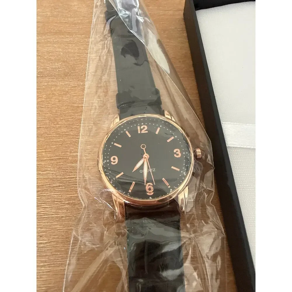 Rose Gold Tone Quartz Wristwatch Black Face Croc Style Strap New with Box